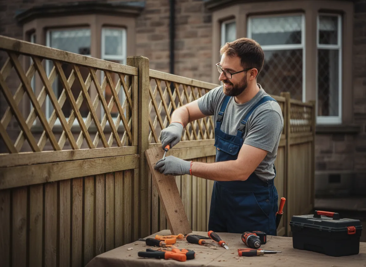 [IMAGE: Professional handyman working on a home repair]